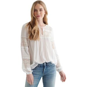 imageLucky Brand Womens Long Sleeve Tie Neck Lace Inset Boho BlouseBright White