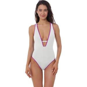 imageLucky Brand Womens Marbella Maillot One Piece Swimsuit Plunge Neck Bathing Suits for WomenWhite