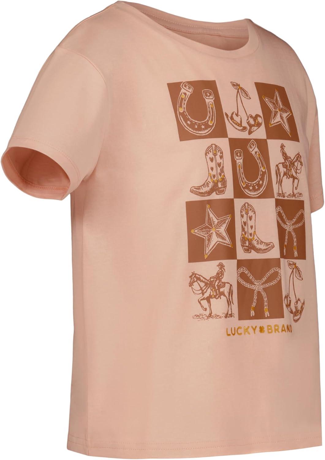 imageLucky Brand Girls Short Sleeve Graphic TShirt Tagless Cotton Tee with Fun DesignsCheckered Peach Whip