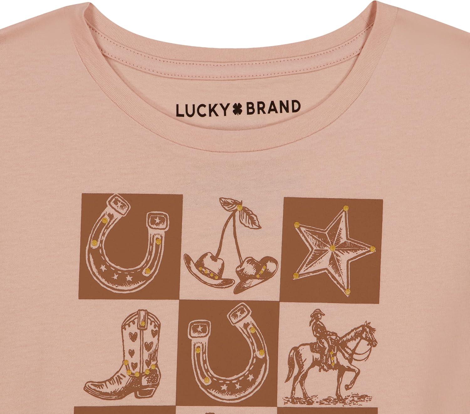 imageLucky Brand Girls Short Sleeve Graphic TShirt Tagless Cotton Tee with Fun DesignsCheckered Peach Whip