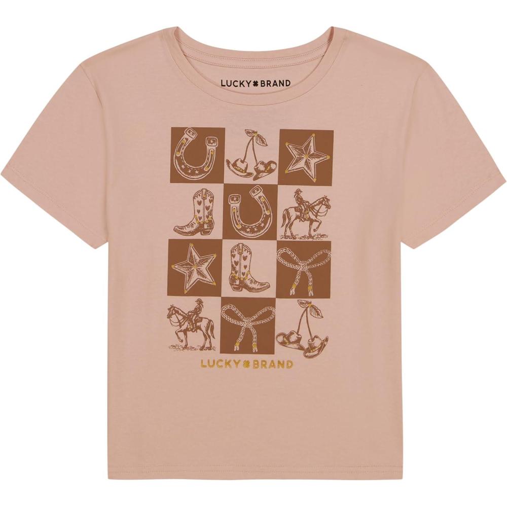imageLucky Brand Girls Short Sleeve Graphic TShirt Tagless Cotton Tee with Fun DesignsCheckered Peach Whip