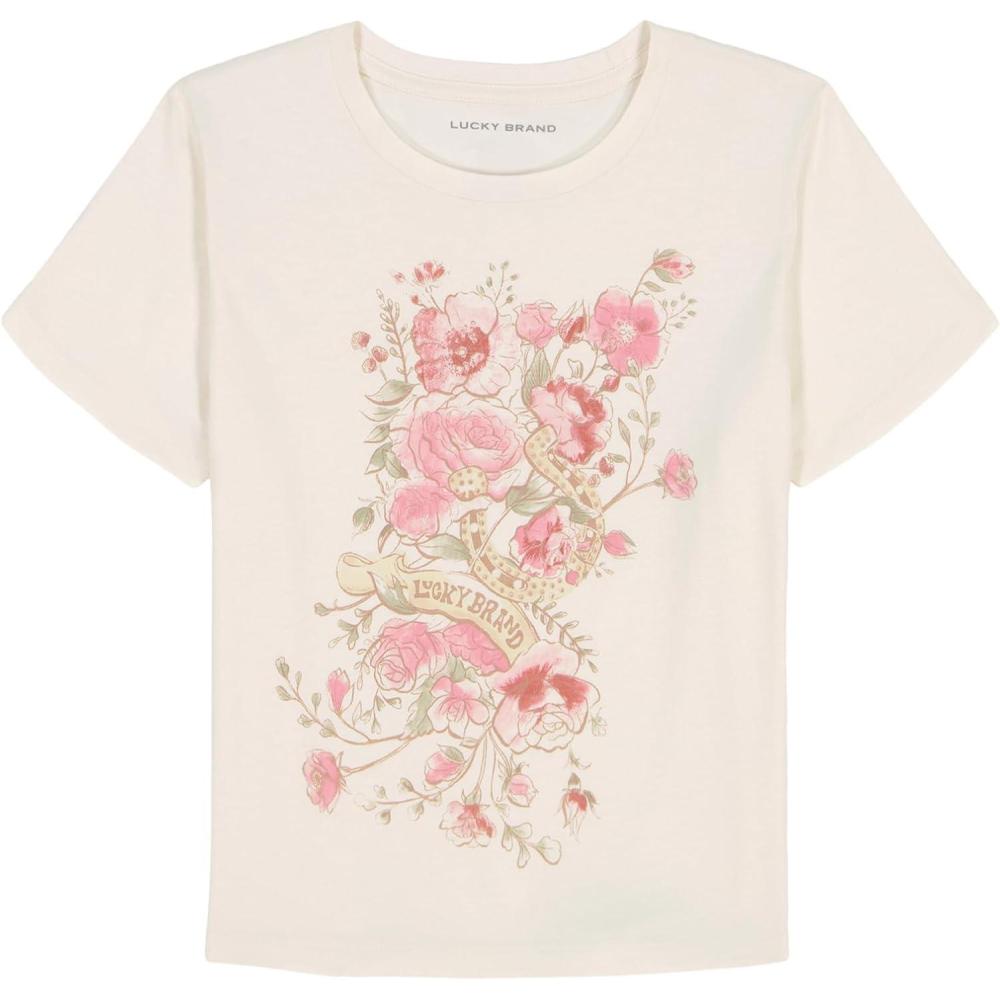 imageLucky Brand Girls Short Sleeve Graphic TShirt Tagless Cotton Tee with Fun DesignsGardenia Boquet