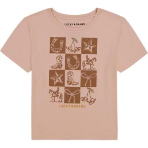 imageLucky Brand Girls Short Sleeve Graphic TShirt Tagless Cotton Tee with Fun DesignsCheckered Peach Whip