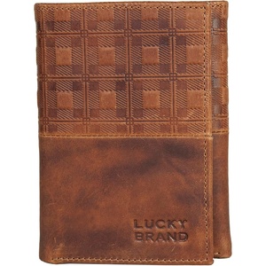 image:imageLucky Brand Canvas with Leather Trim Trifold Wallet Khaki One SizePlaid Embossed Leather  Brown
